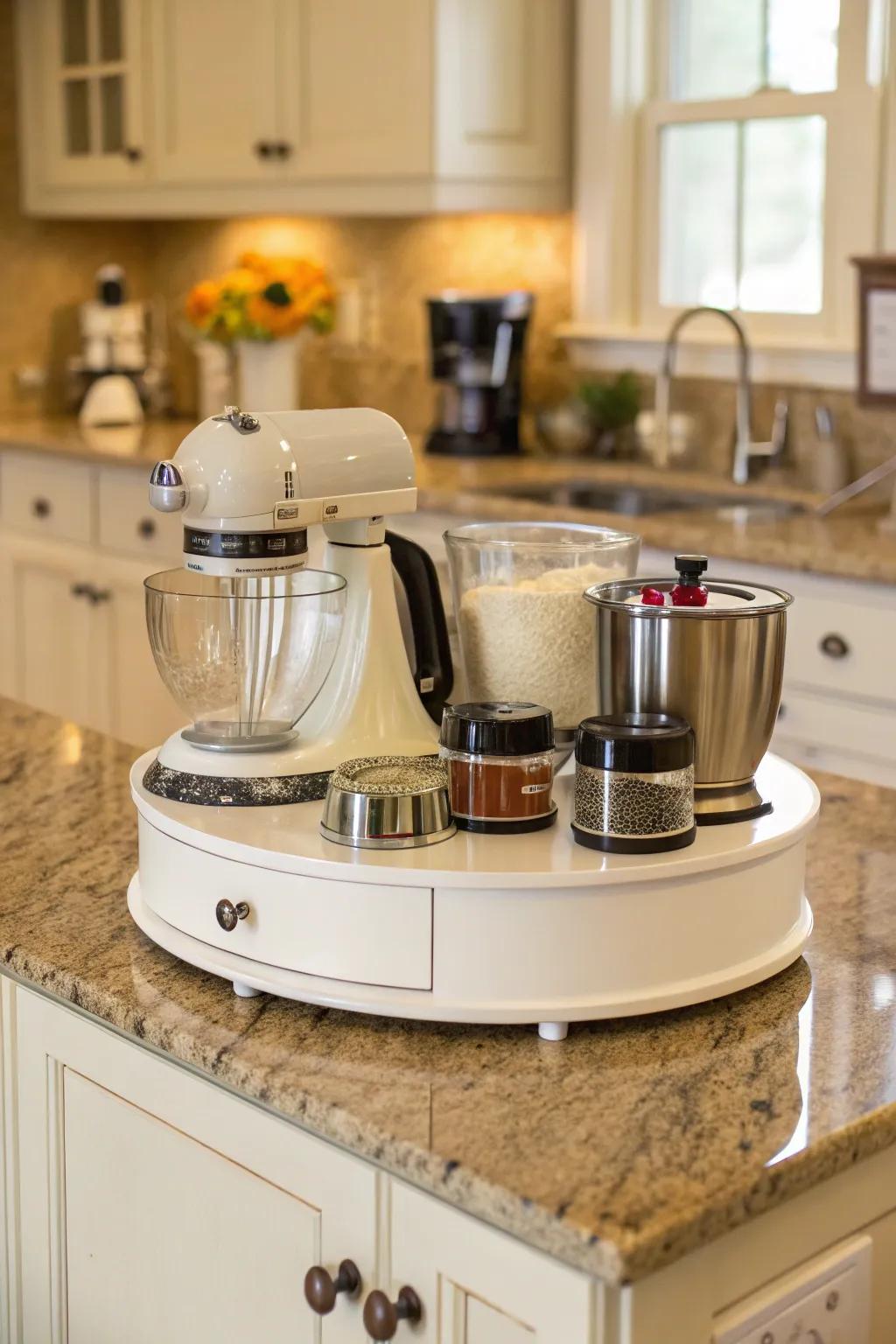 Efficiently store small kitchen appliances on a turntable organizer.
