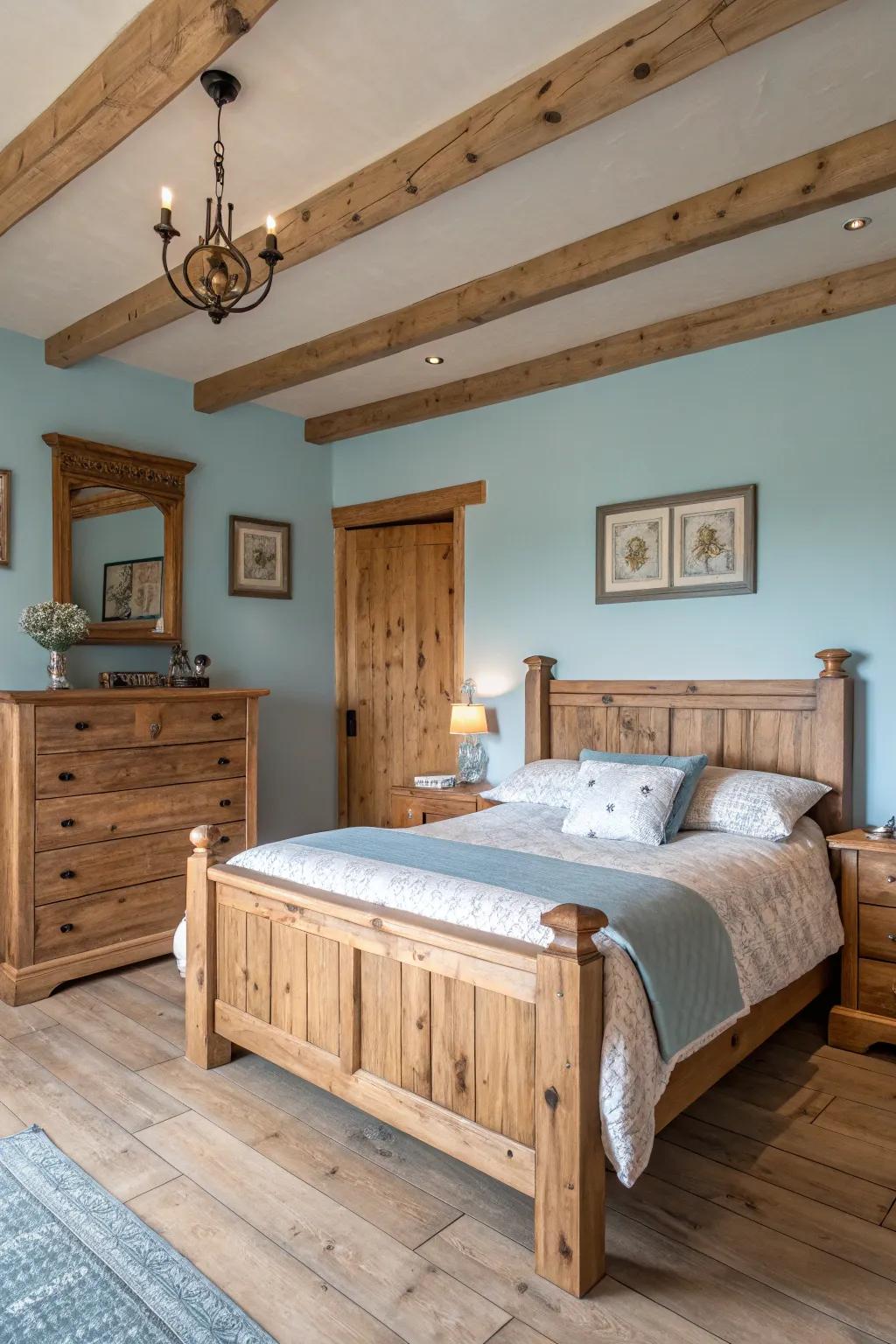 A rustic bedroom featuring wooden furniture paired with calming light blue walls.