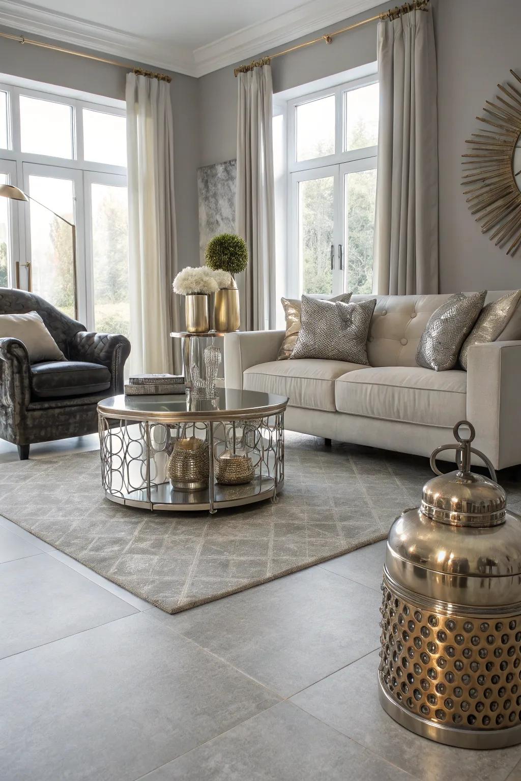 An elegant living room with light grey flooring and metallic accents.