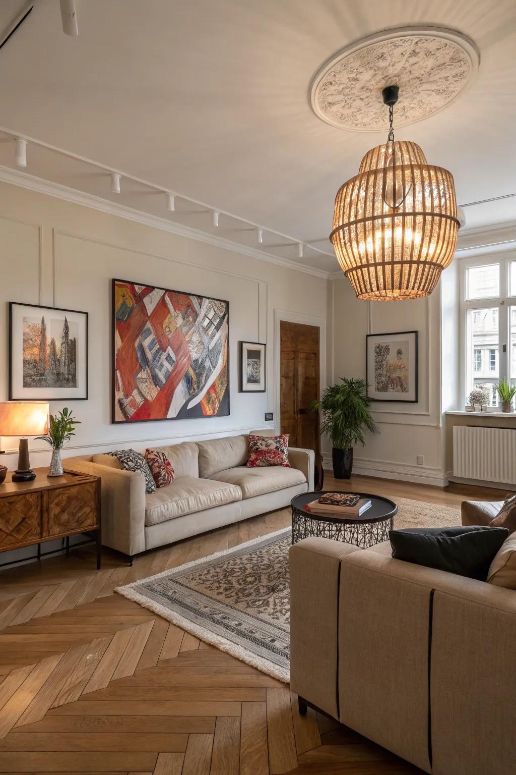 A living room with eye-catching accent pieces that stand out beautifully against the light wood floors.
