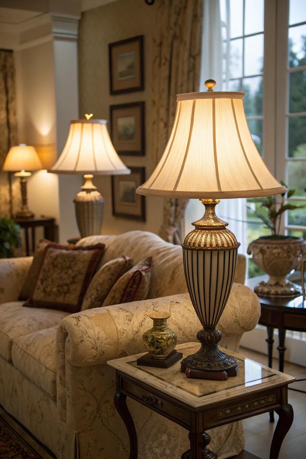 Surface lamps introduce layers of gentle illumination, thereby intensifying the inviting atmosphere.
