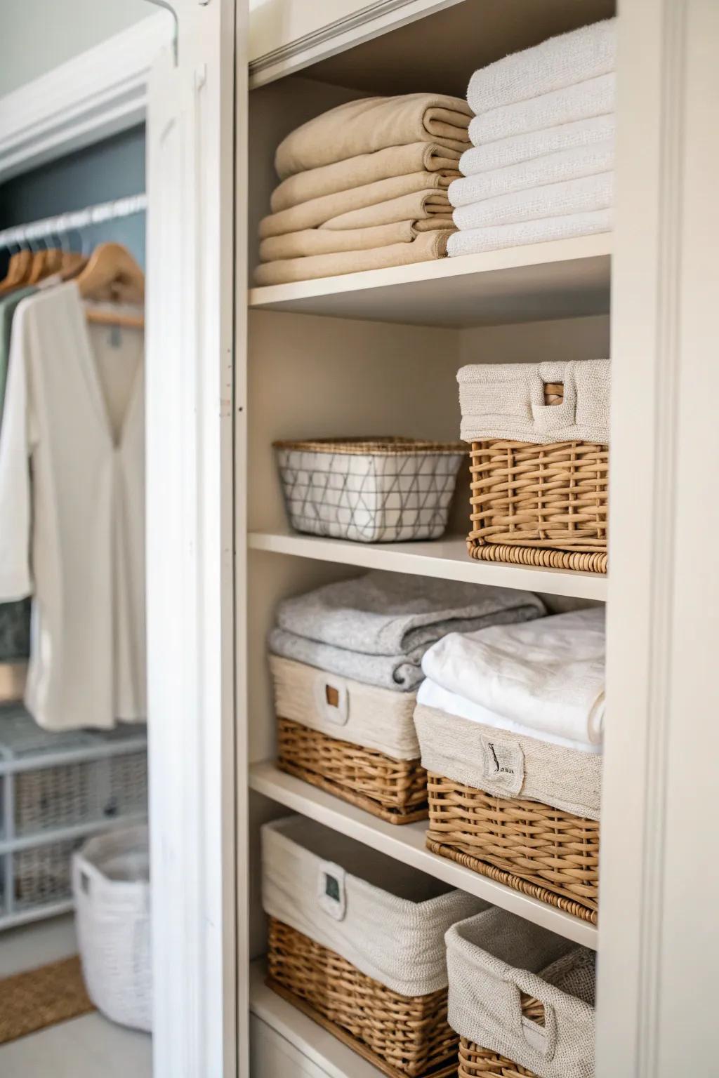 Exposed shelves with stash bins keep linens organized and easily accessible.