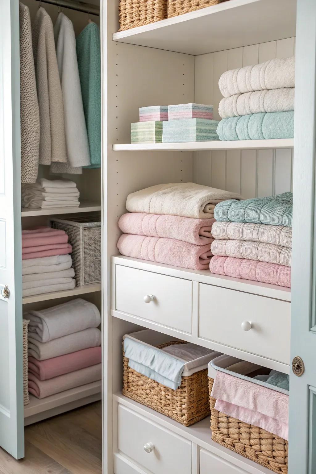Color coordination elevates the visual charm of a linen closet.