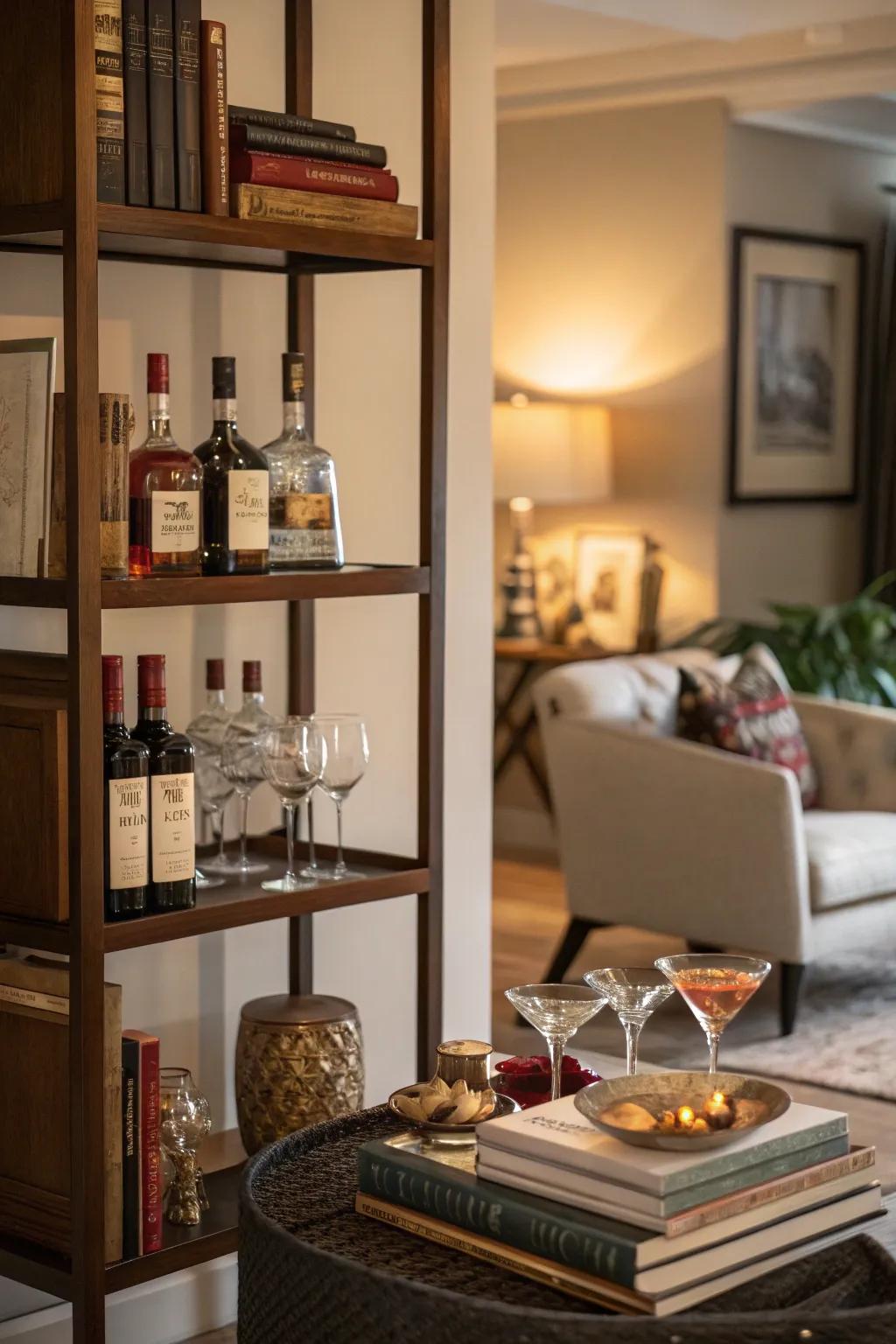 Turn a bookshelf into a sophisticated bar.