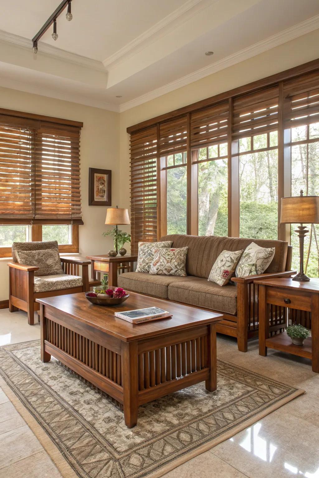 Wooden blinds add a touch of natural warmth.