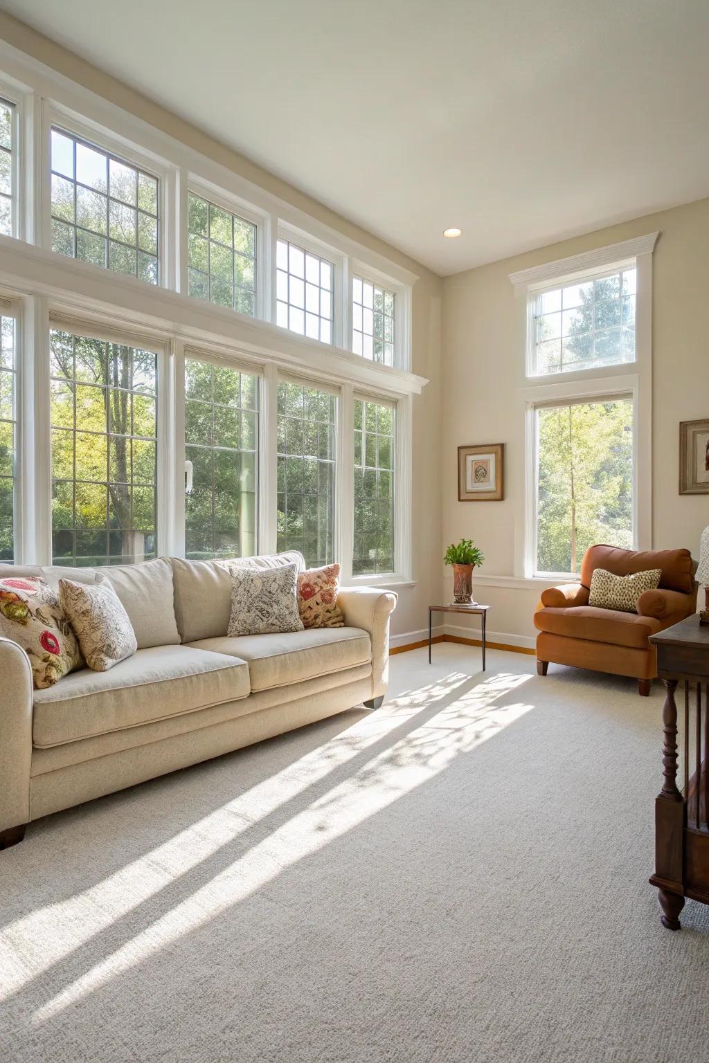 Sunlight and light carpets create an airy and open atmosphere.