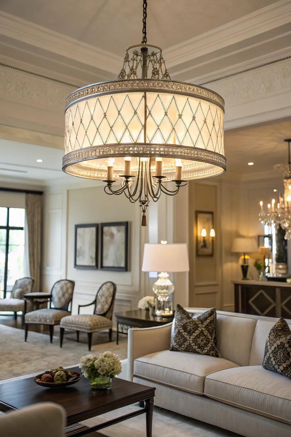 A stylish living room featuring a round overhead light with clean lines.