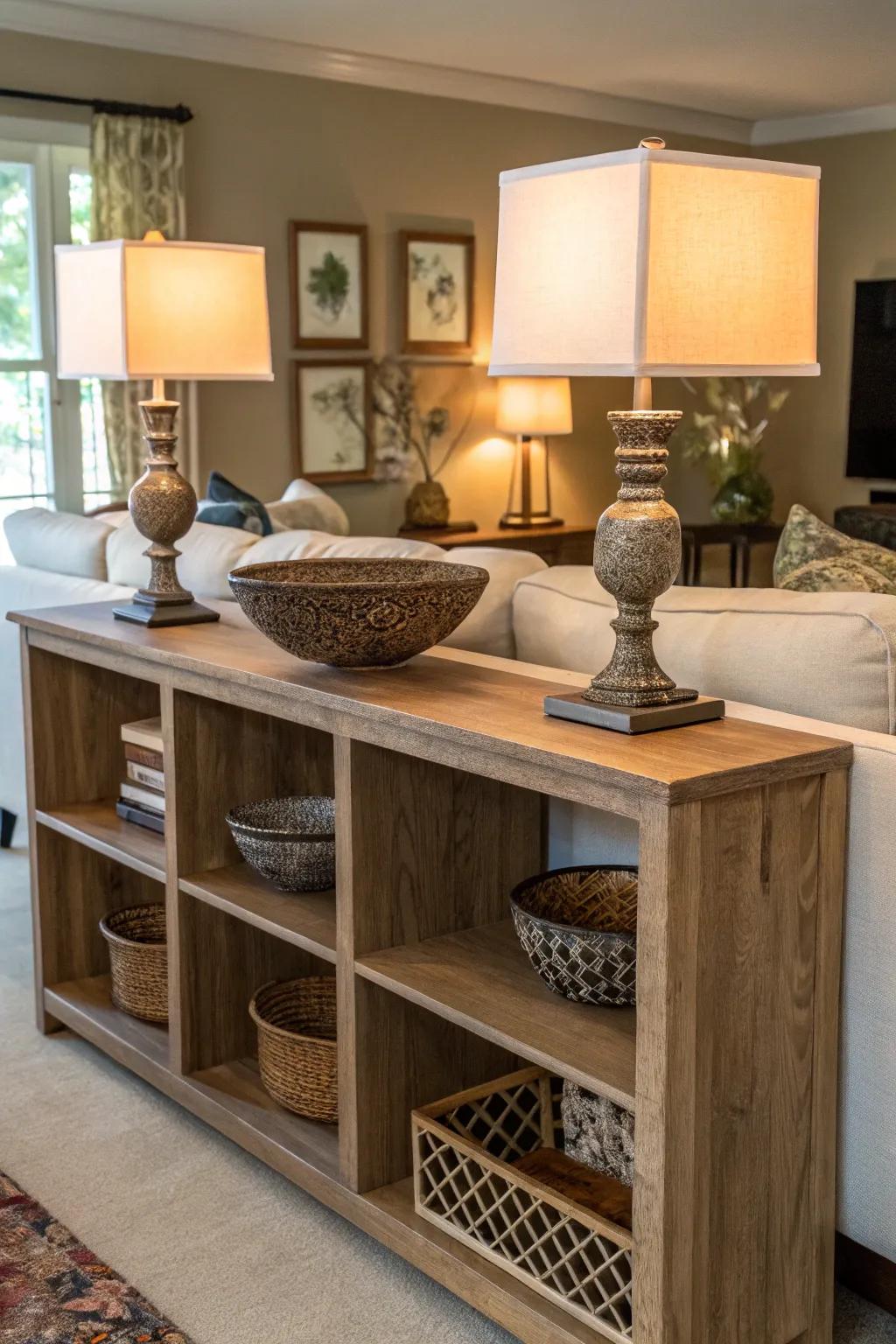 A functional side table utilizing shelving, merging practicality with visual allure.