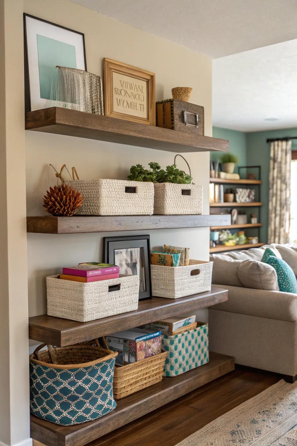 Join storage capacity alongside aesthetics with useful baskets found on shelves.