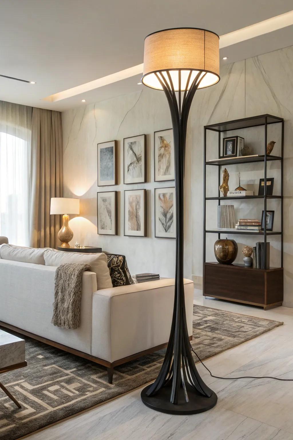 A modern family room with a sculptural standing lamp as an artistic centerpiece.