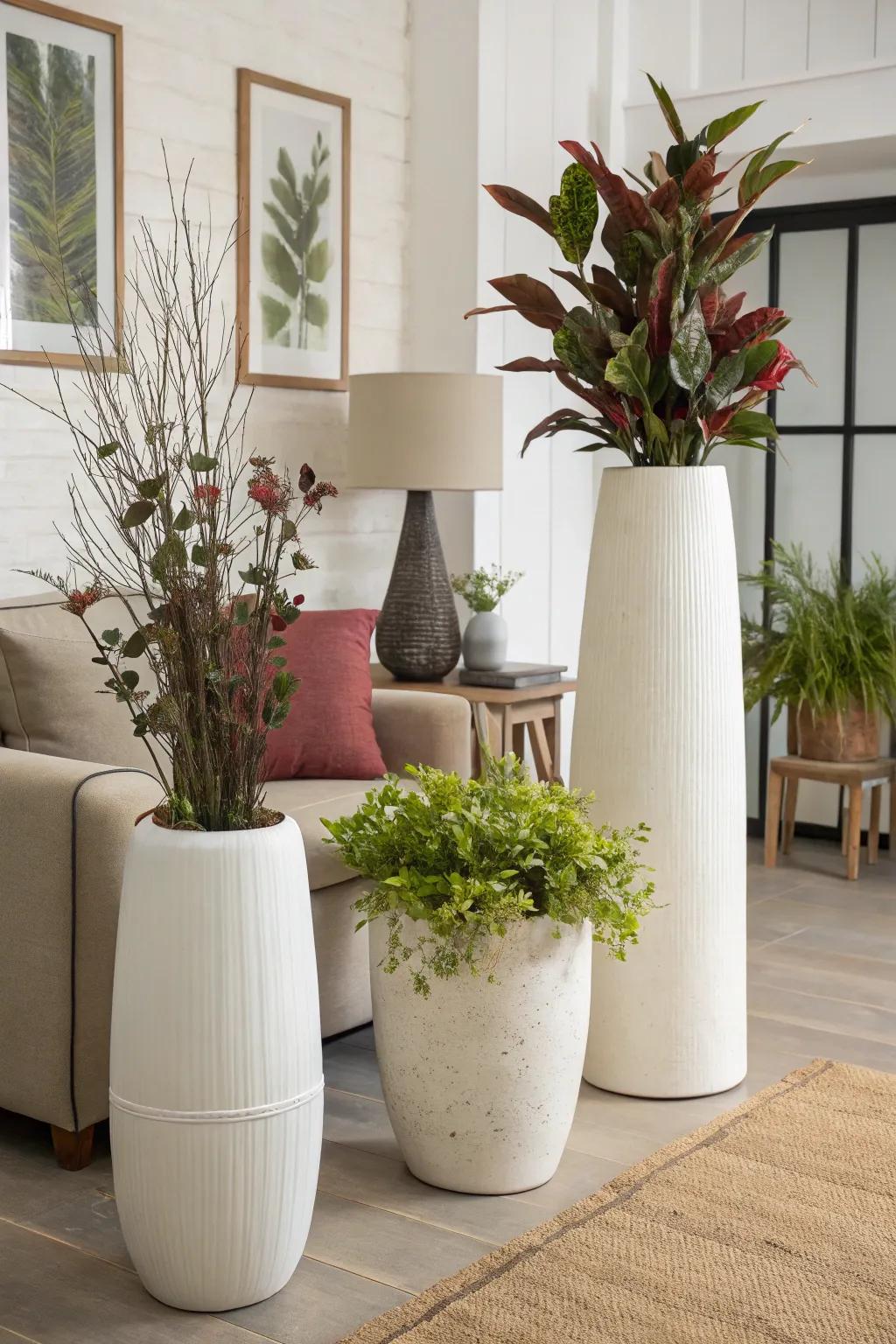 A cluster of vases with different elevations creates a vibrant visual spectacle in a modern family room.