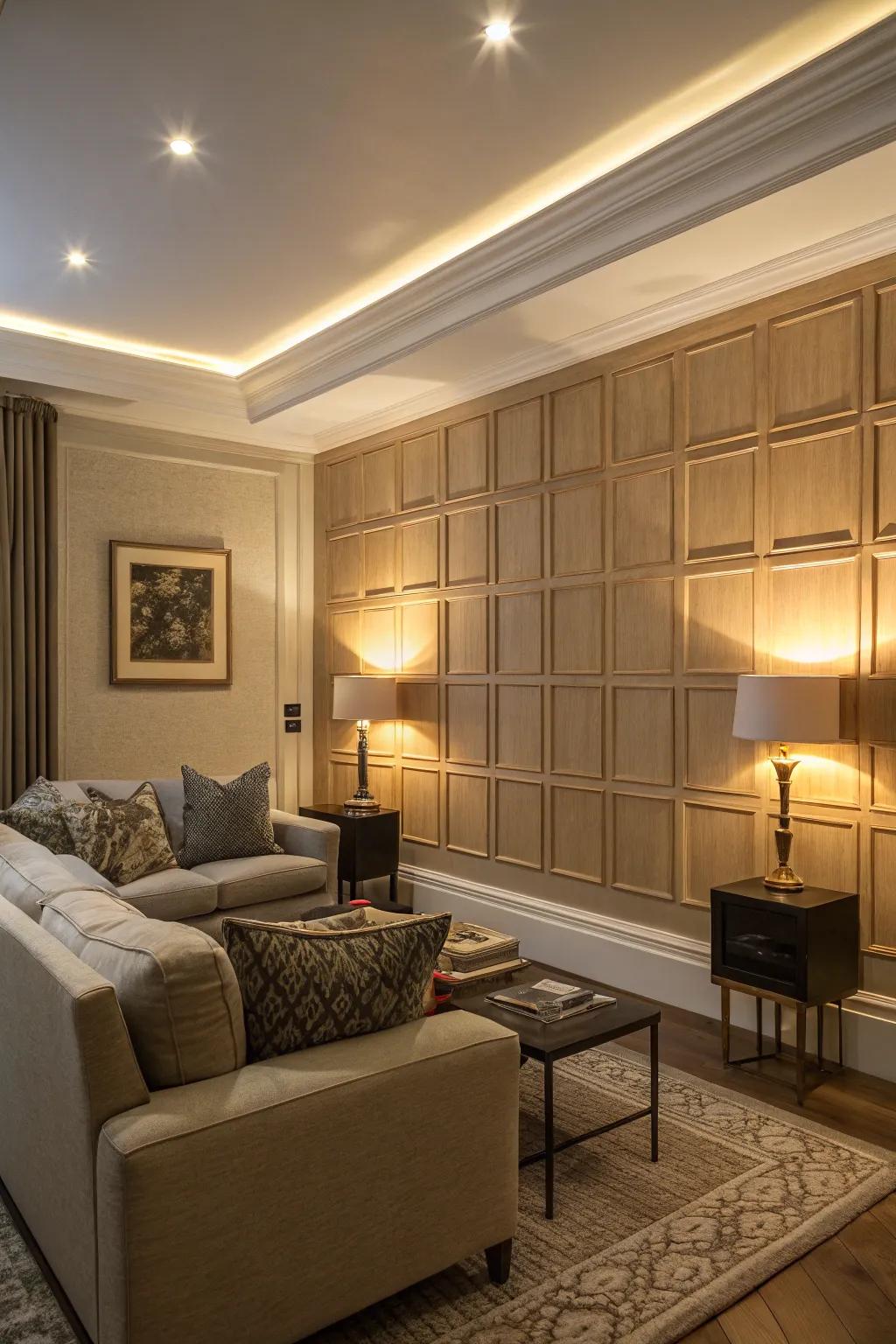 Elevate your paneling with lighting, introducing both drama and enhanced depth to your living space.