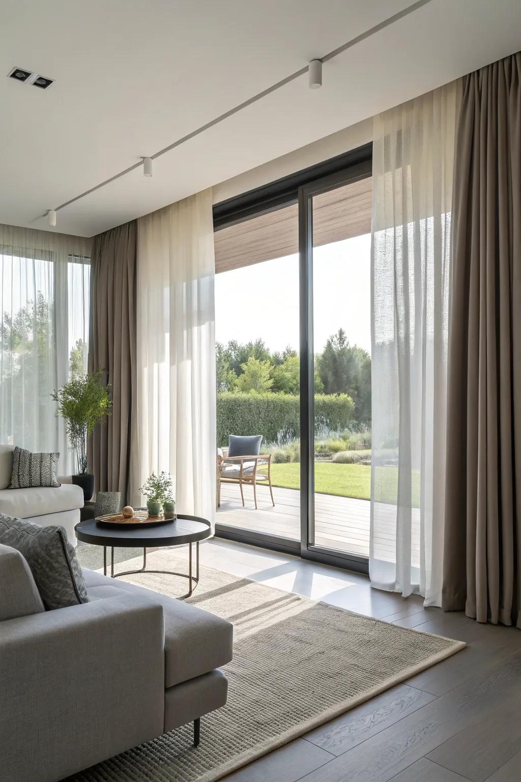 Accomplish a flexible aesthetic with traversing drapes for your living space windows.