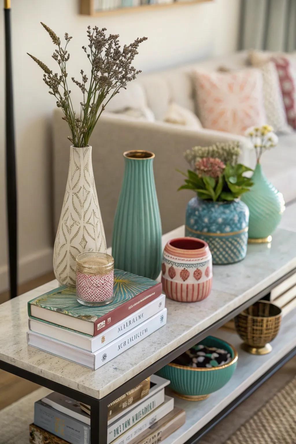 Layered ornaments give side tables depth and individuality.