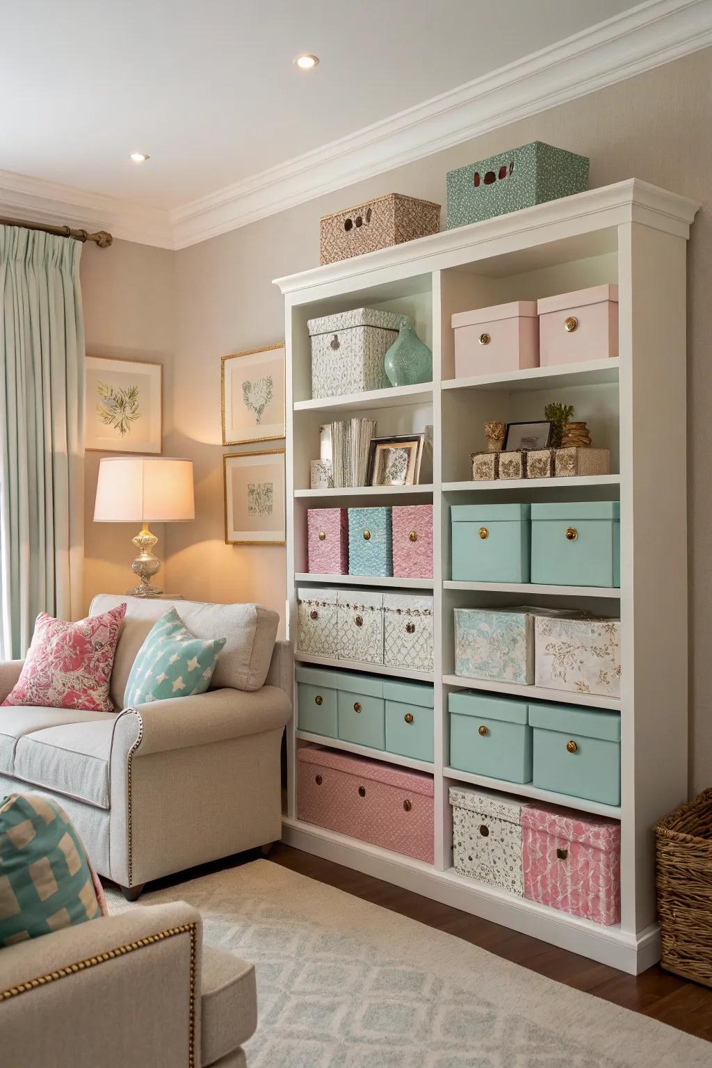 Decorative boxes offer stylish and cohesive storage.