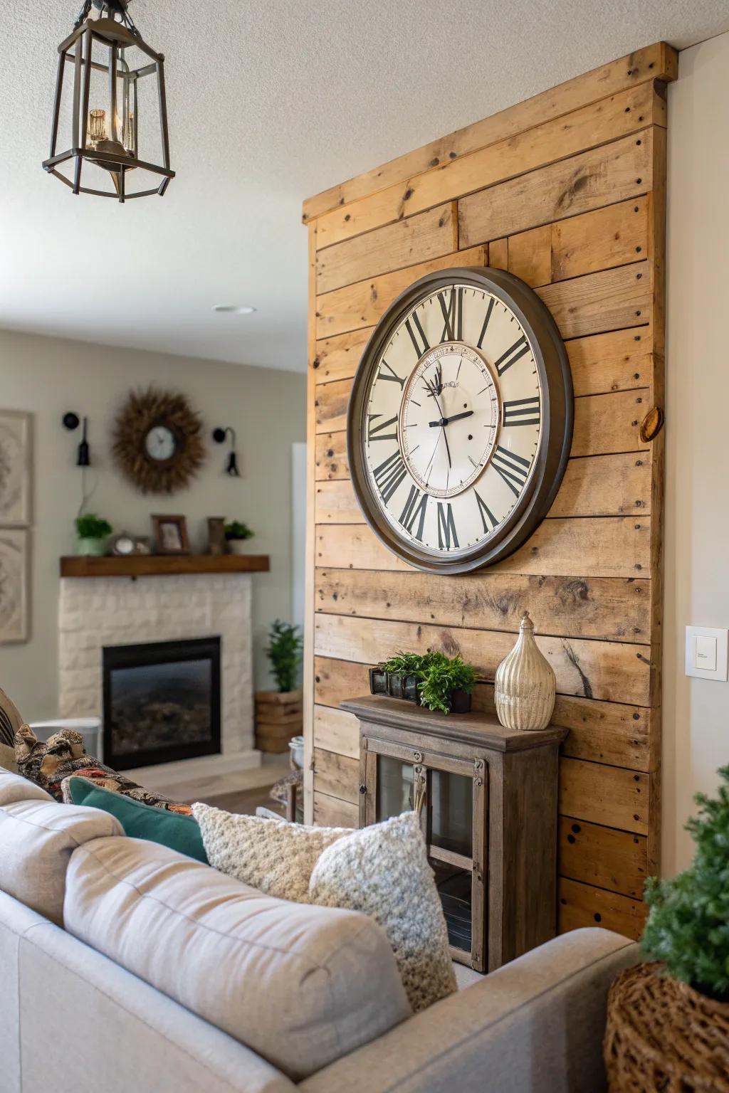 A rustic wall clock enriches a farmhouse-style living area with warmth and charm.