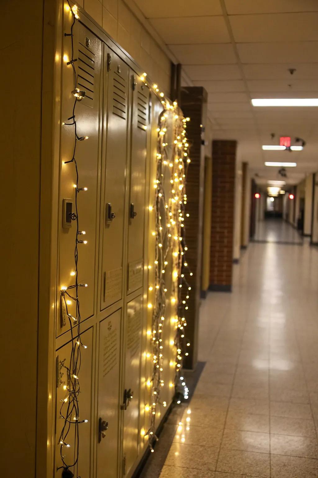 Ornamental string lights in a locker, adding a comforting and welcoming shine.