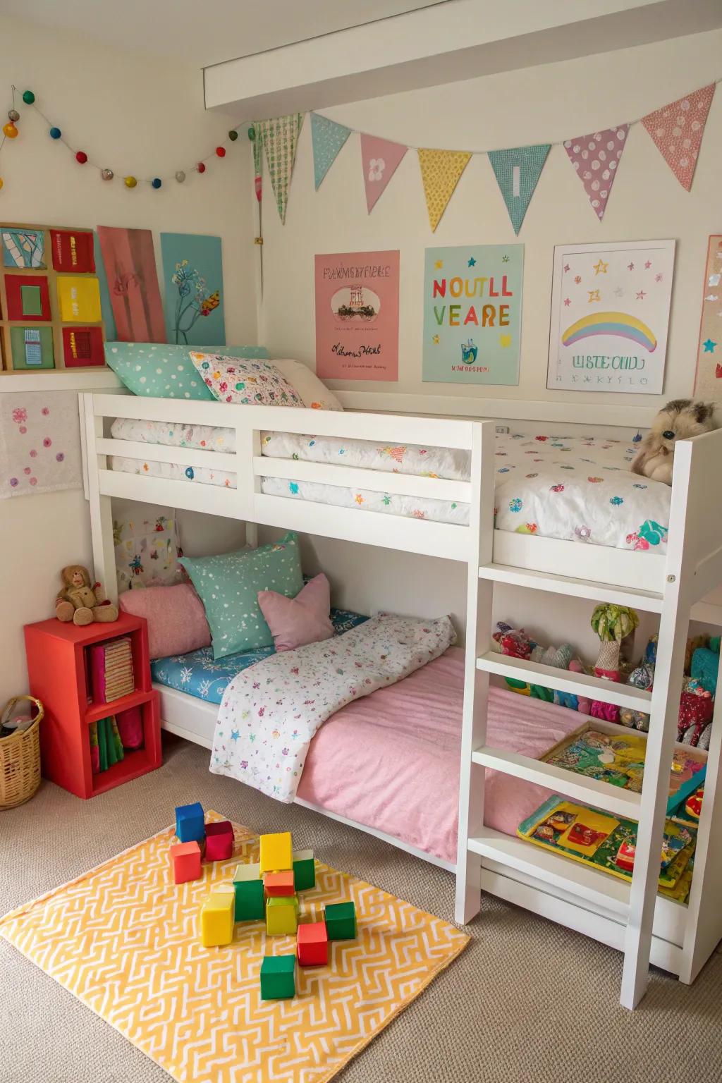 A playful high sleeper with space for fun activities underneath.