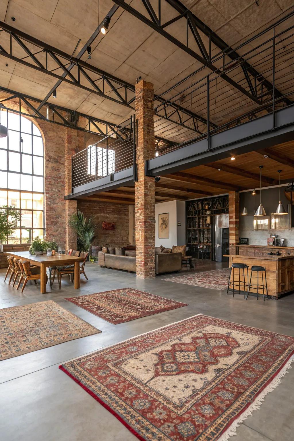 Floor coverings successfully define spaces in an open loft.
