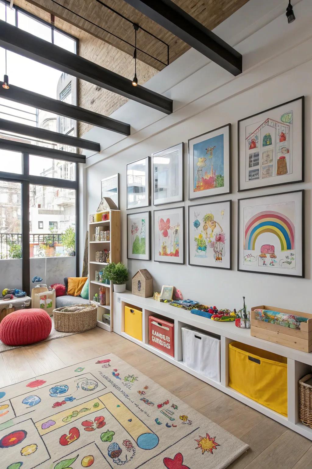 A vibrant display partition showcasing children's artistic endeavors.