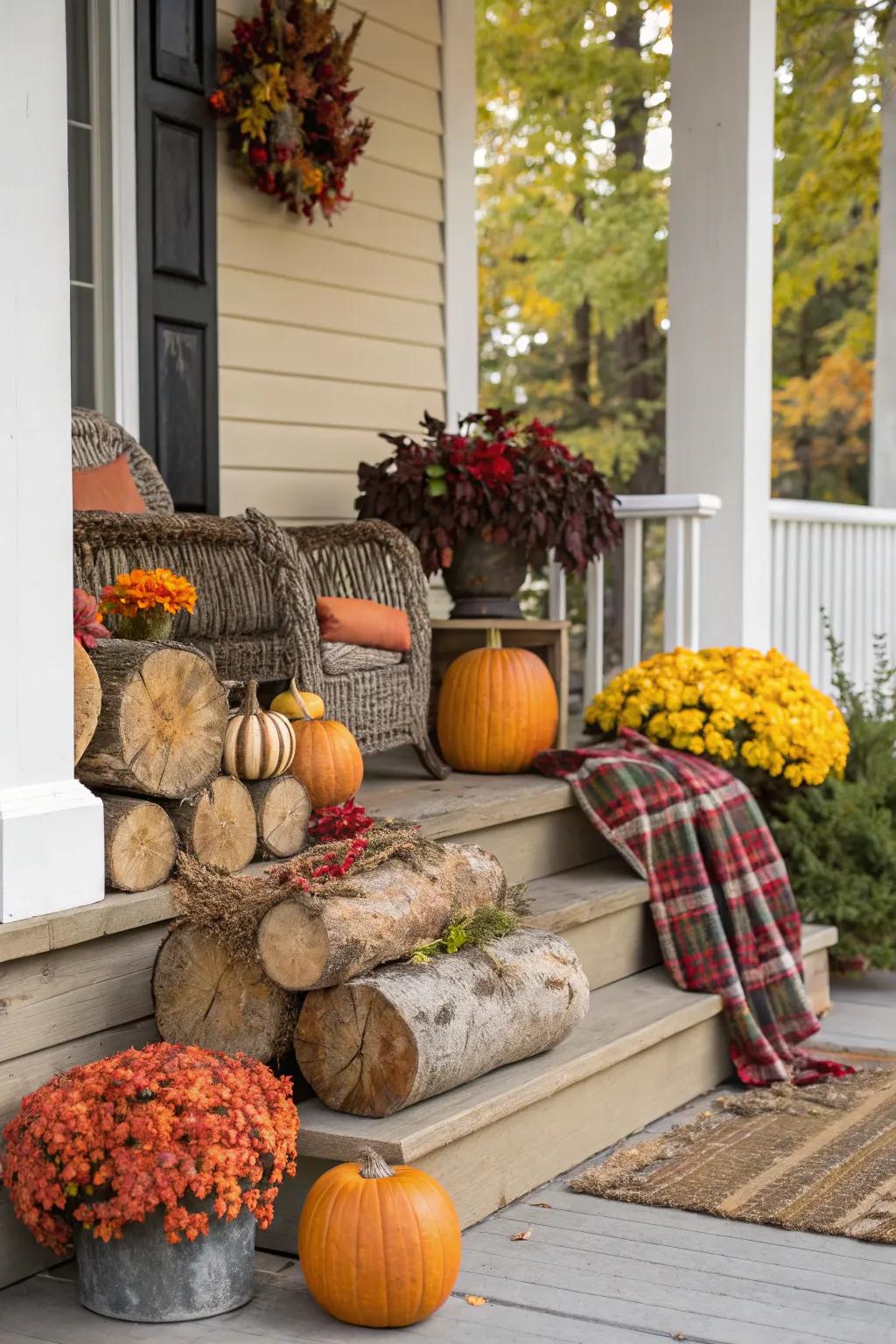 Seasonal display showcasing logs with pumpkins and foliage.