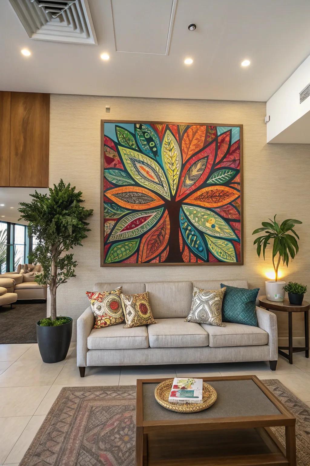 Artwork alters walls, crafting a focal point in your lounge.