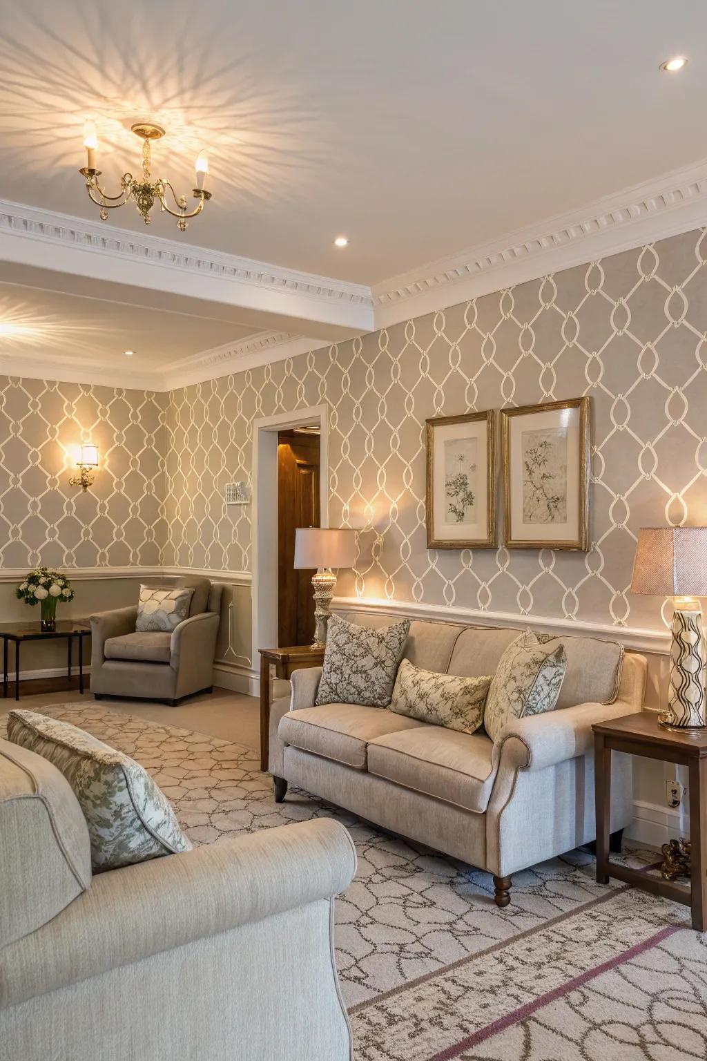 Partial wallpapering adds depth and intimacy to the living room.