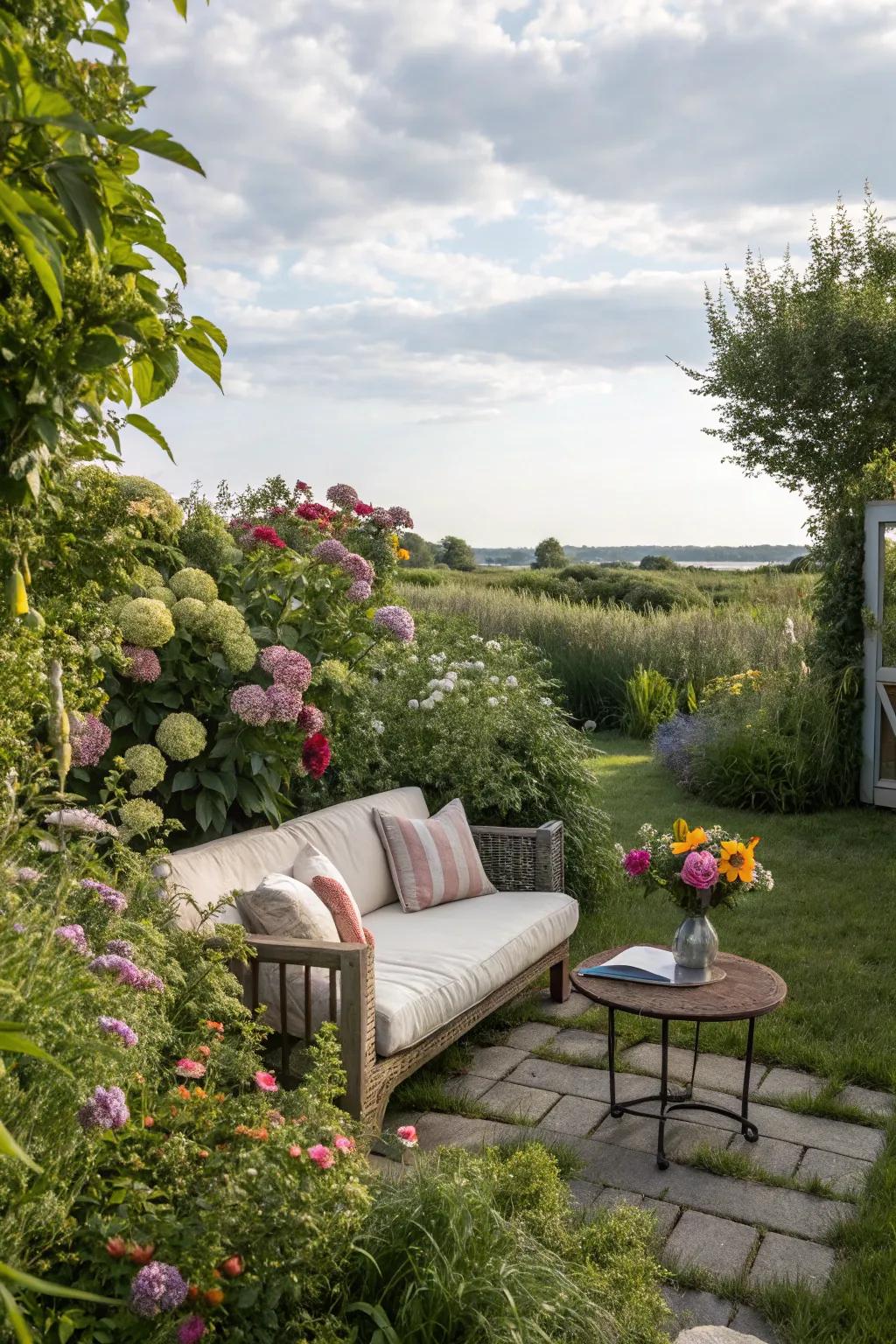 A calm sitting space enclosed by lush perennials.