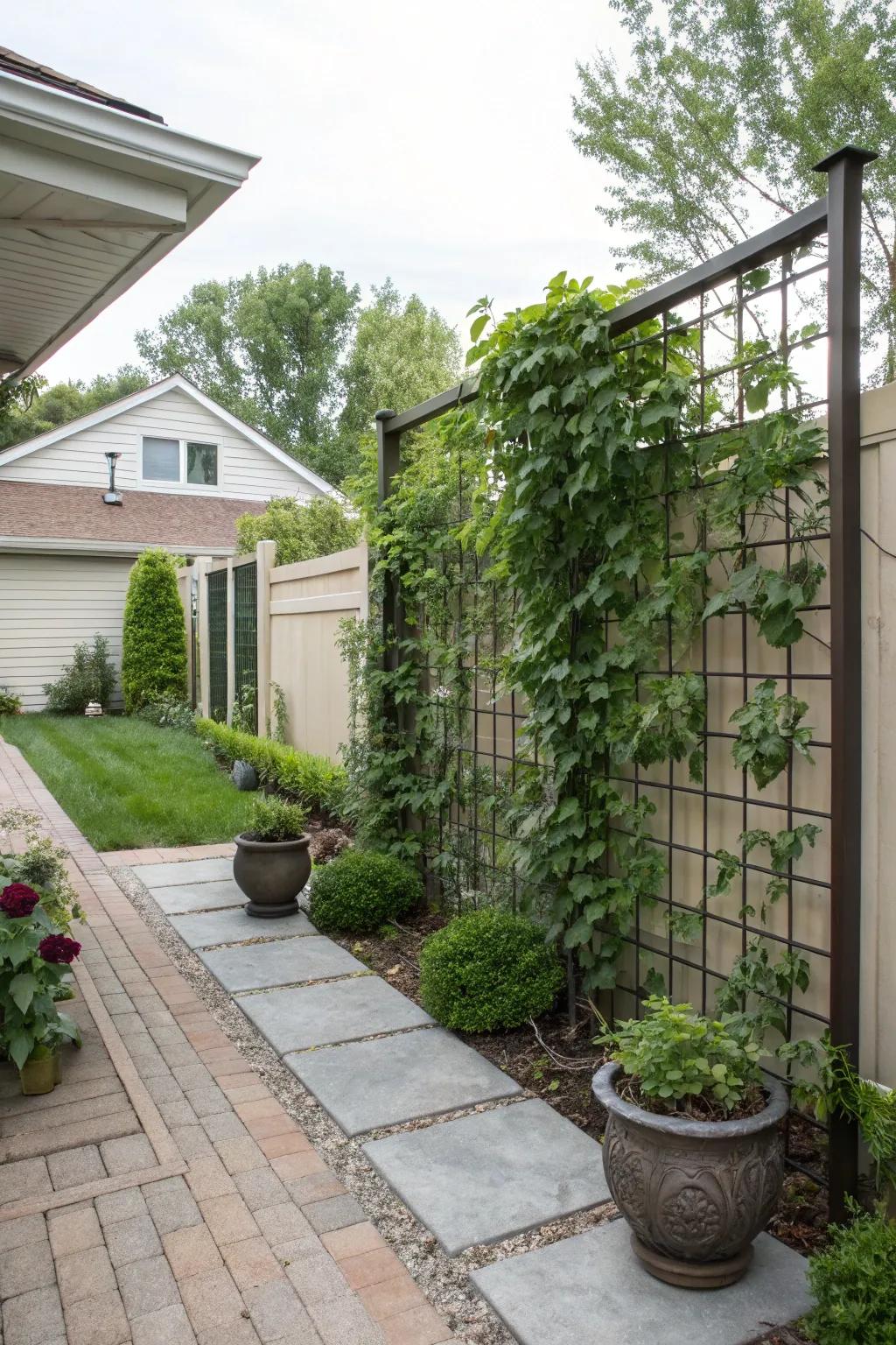 A privacy screen provides seclusion and a structure for climbing flora.