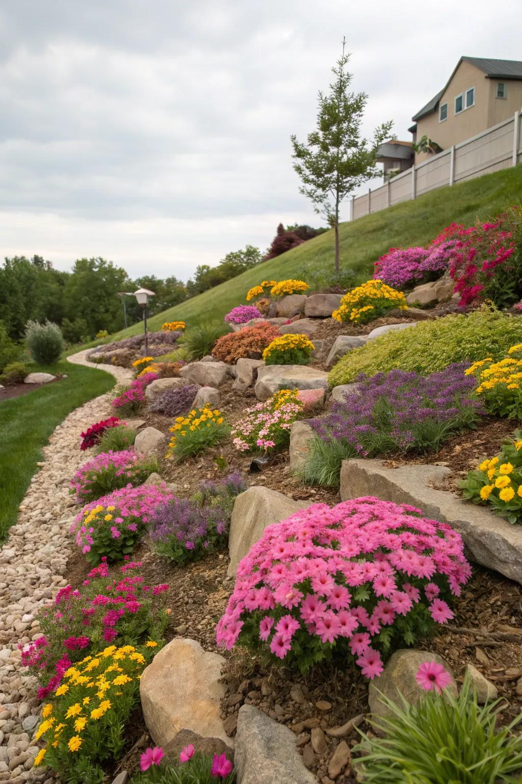 Vibrant everlasting plants infuse vitality and long life into sloped landscapes.
