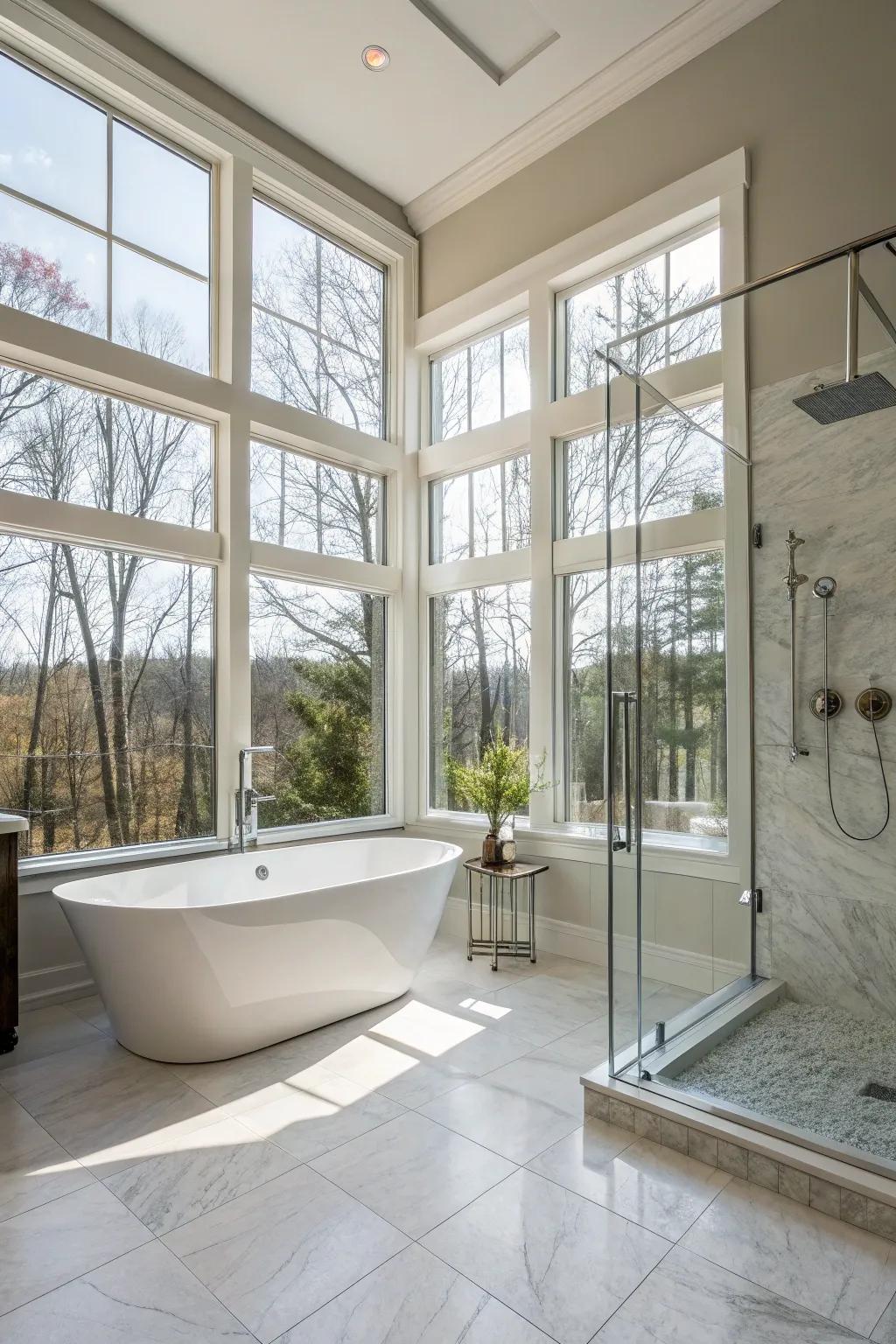 A main bathroom filled with sunlight from broad windows.