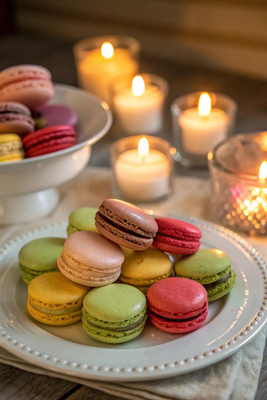 Macarons displayed in soft candlelight.