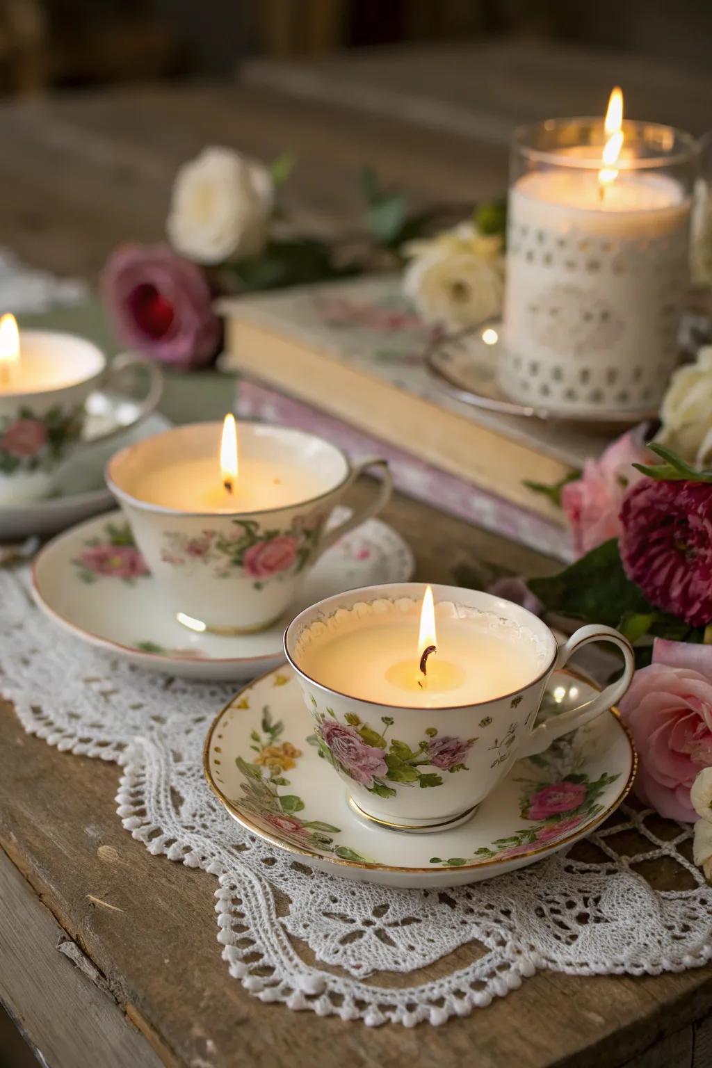 Charming illumination crafted from vintage tea vessels incorporate charm and warmth to any party.