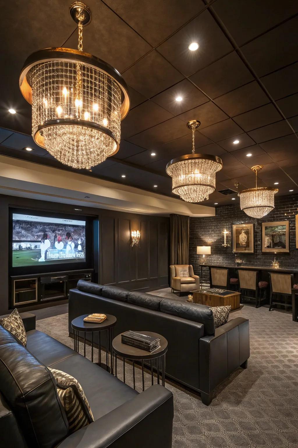 Upscale lighting crafts an inviting ambiance in the man cave.