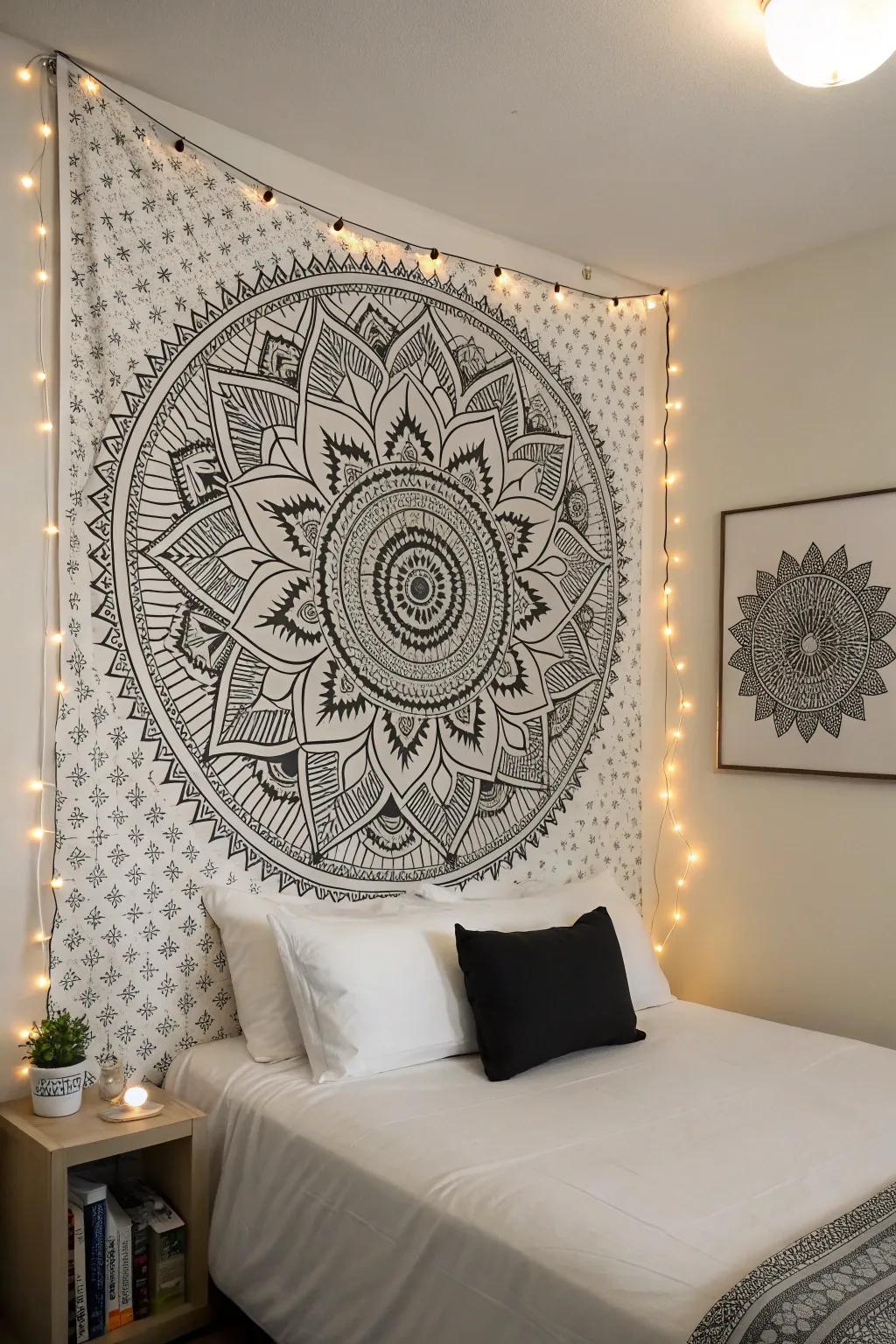 A monochrome mandala pattern adding elegance to a bedroom.