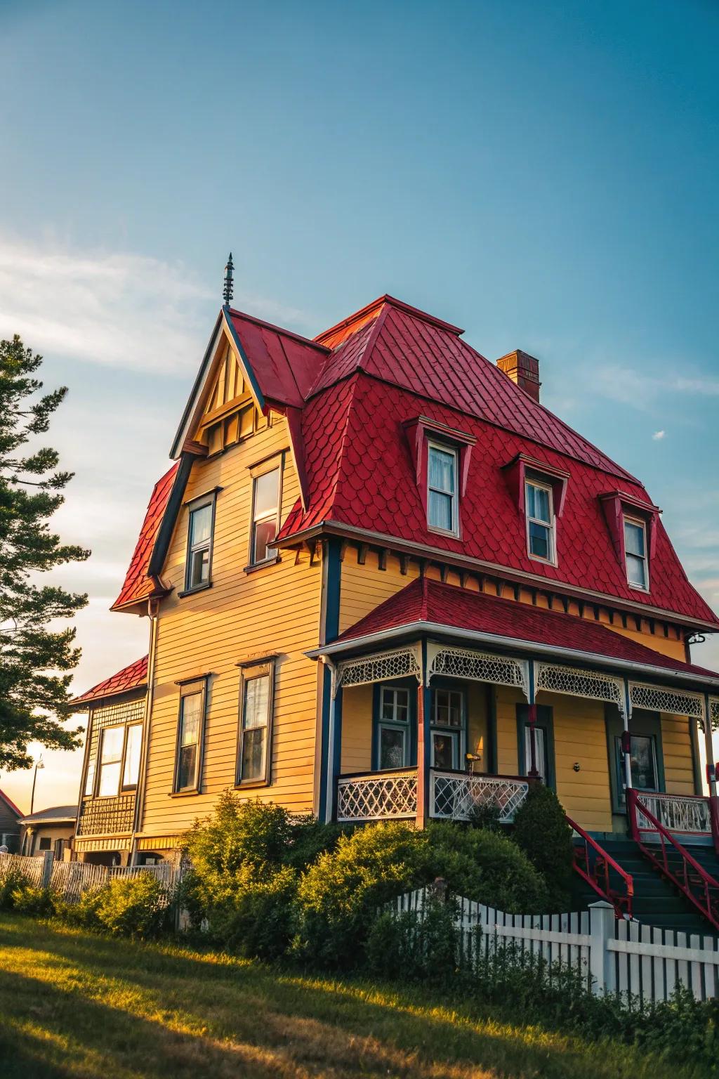 Audacious tints formulate a striking declaration atop this mansard roof.
