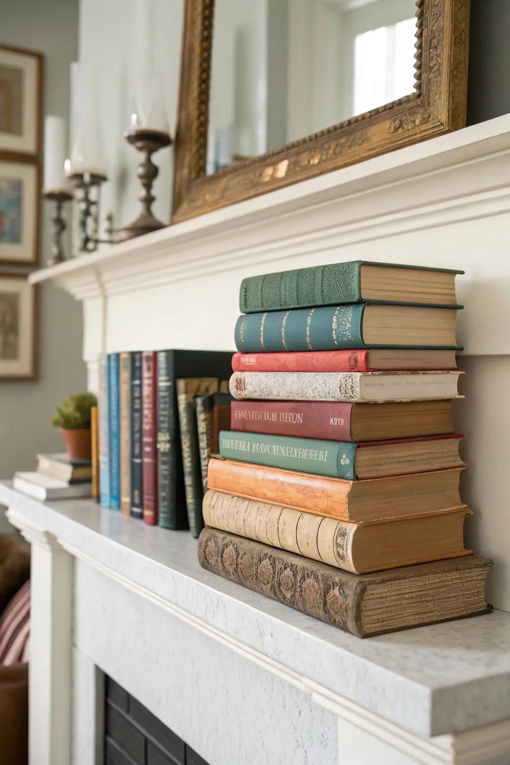 Organized book piles impart a hint of sophistication and intrigue to this mantel.