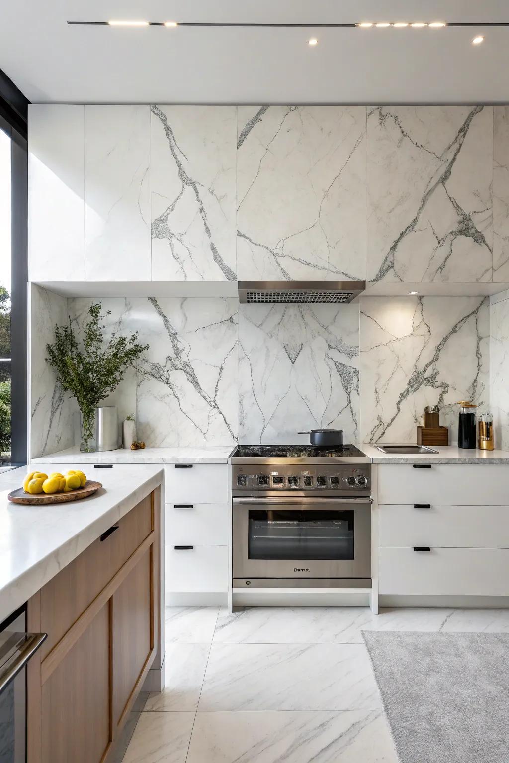 A kitchen showcasing the seamless elegance of a large stone slab backsplash.