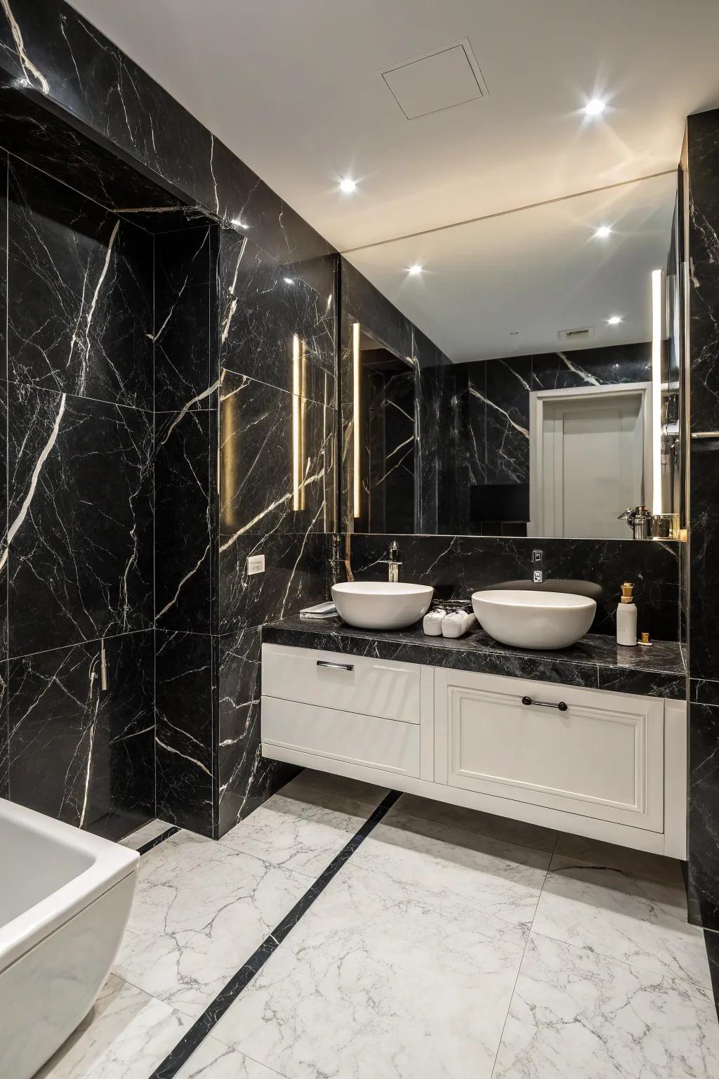 Black marble introduces a striking and impressive look to this bathroom.