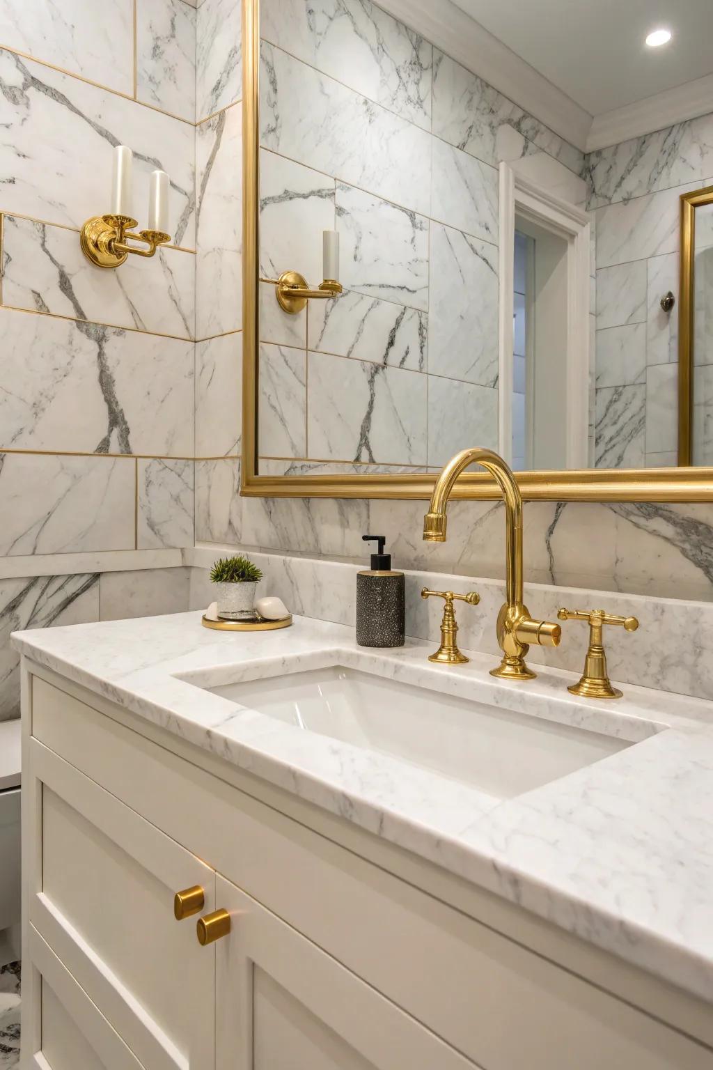 Gilded and copper details beautifully complementing stone-style polished stoneware in an opulent bathroom.