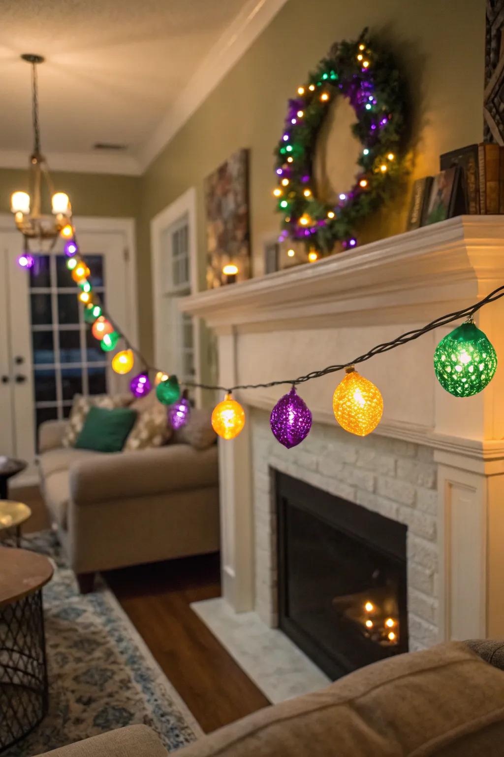 Filament lights impart a gentle, celebratory luminescence to any Mardi Gras gathering.