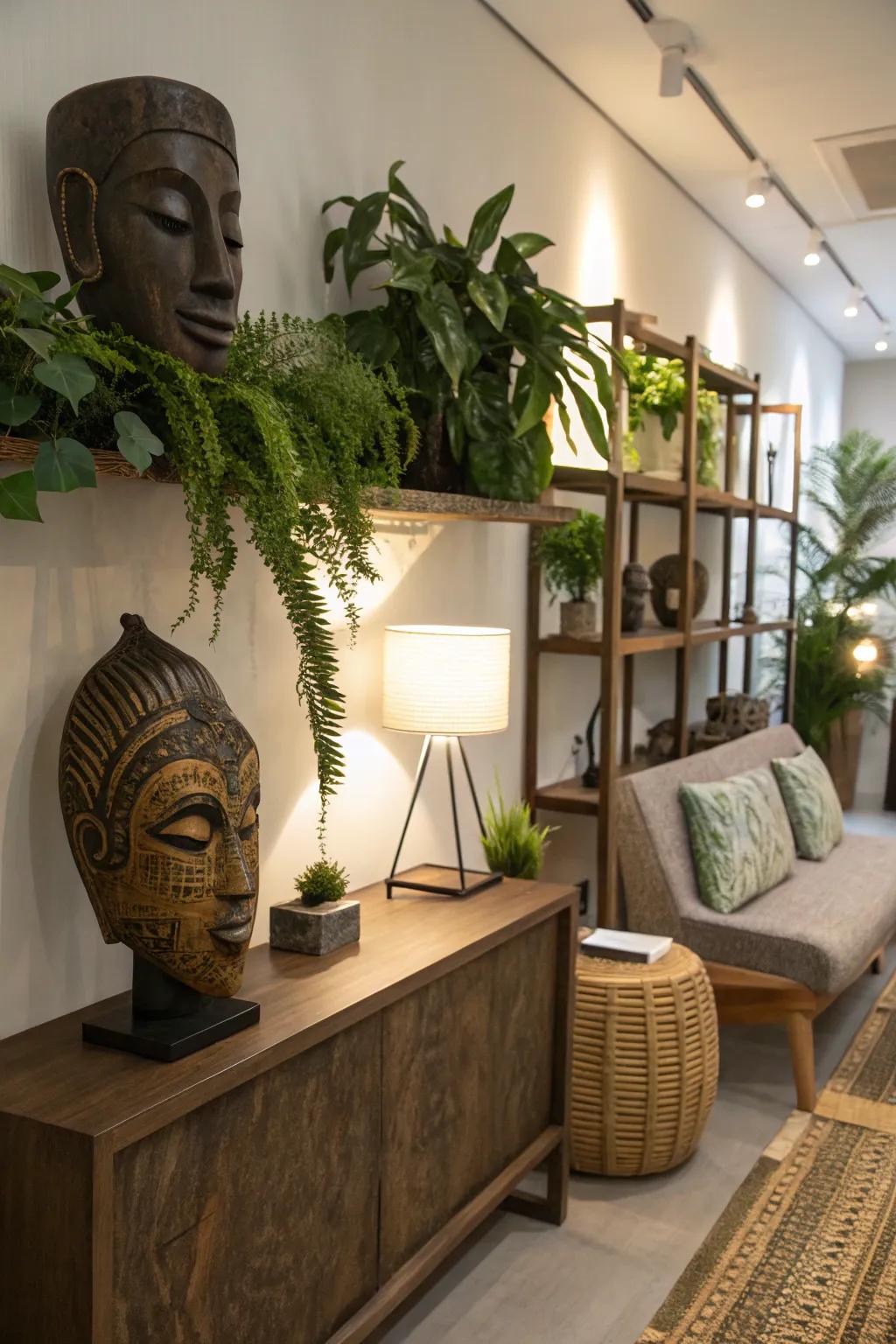 Masks integrated with furniture and plants enhance the room's flow.