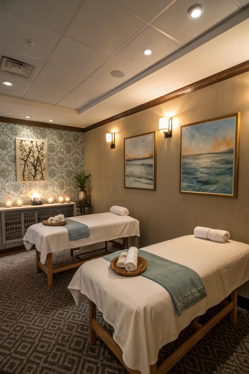 A massage room with artistic accents that deepen the relaxed atmosphere.