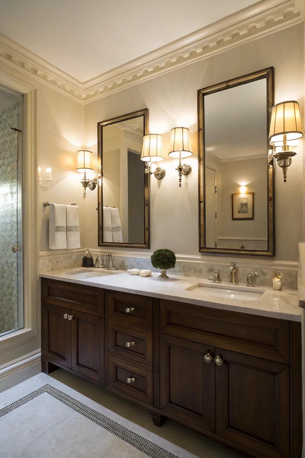 A bathroom featuring chic sconce lighting above the vanity.