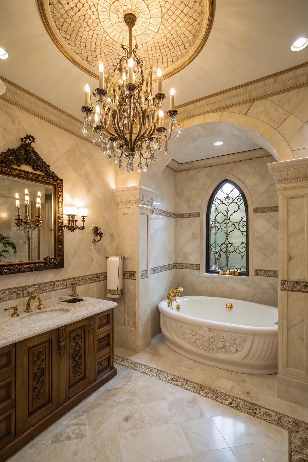 Elegant fixtures impart a definitive touch of luxury to this master bathroom.