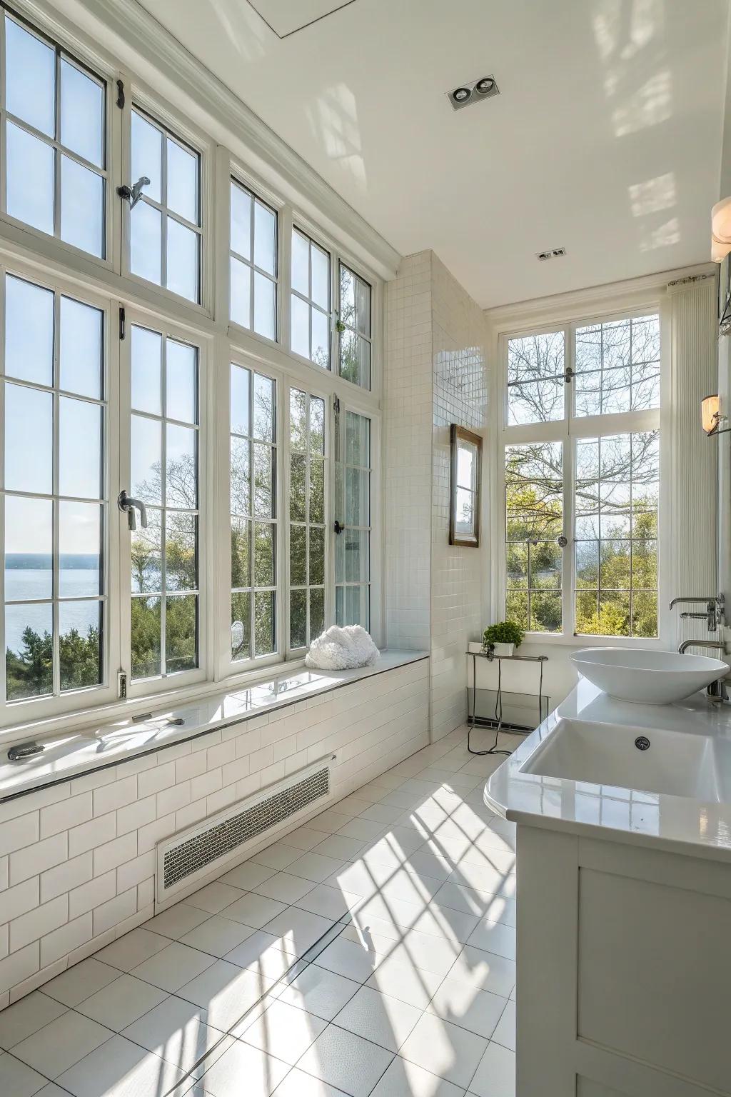 Bright bathroom with expansive windows flooding the space with sunshine.
