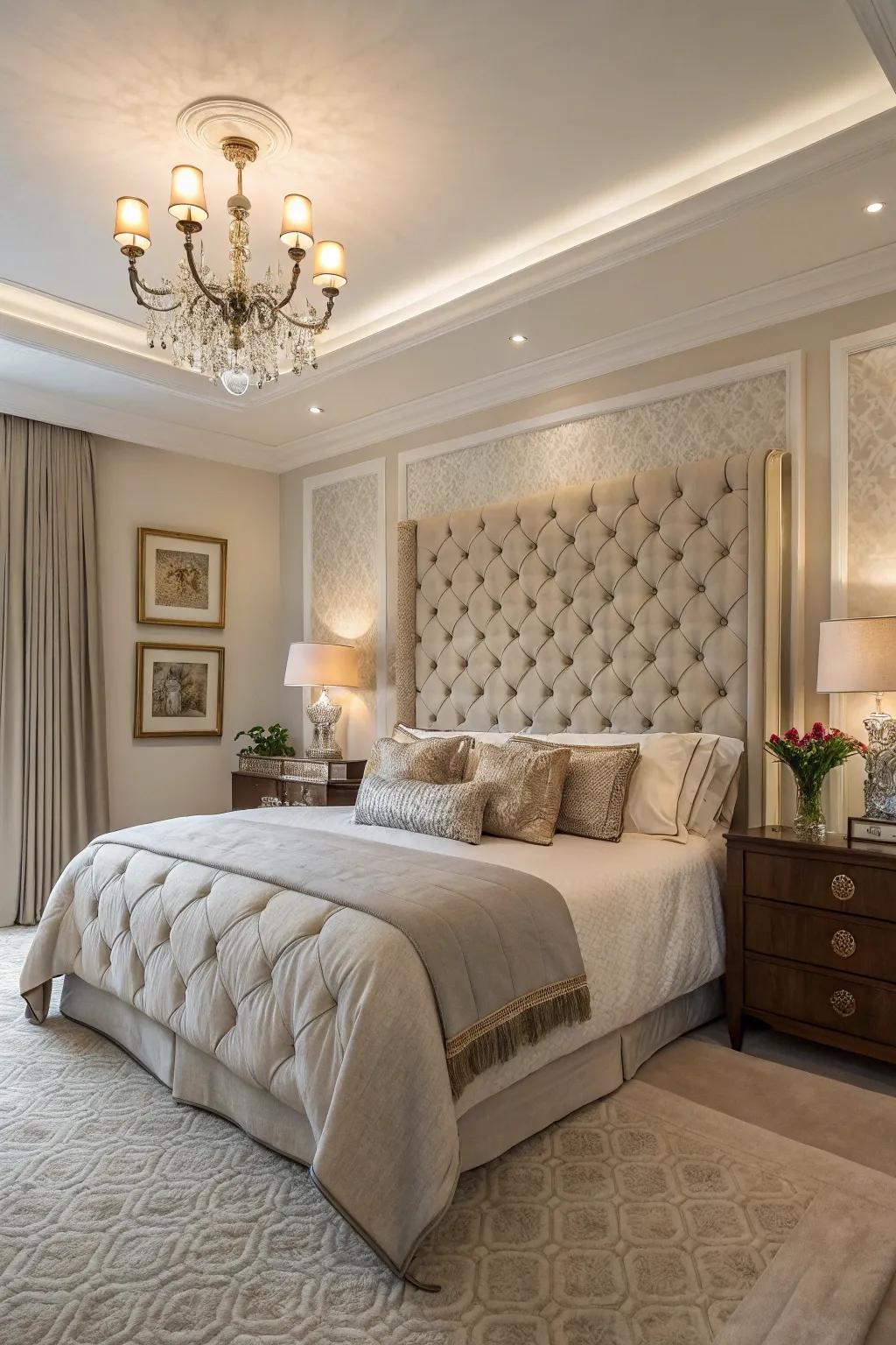 Texture-rich elements such as cushioned panels, enhance the wall behind the bed.