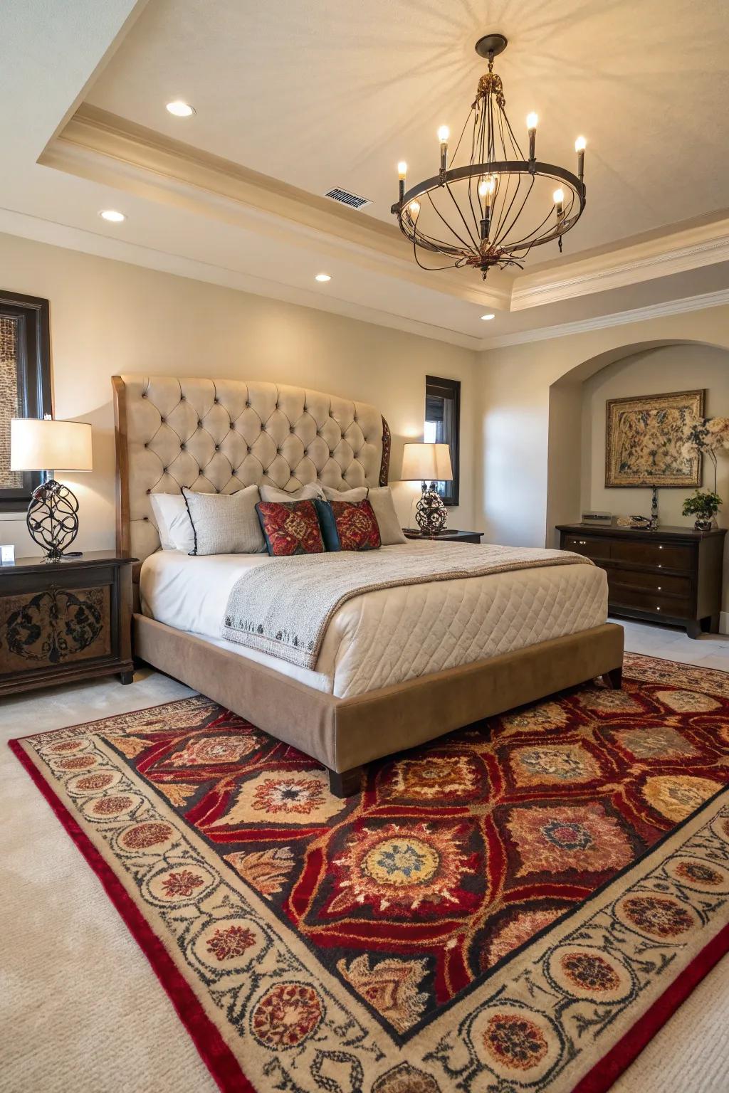 A vibrant rug introduces character and warmth to the bedroom.