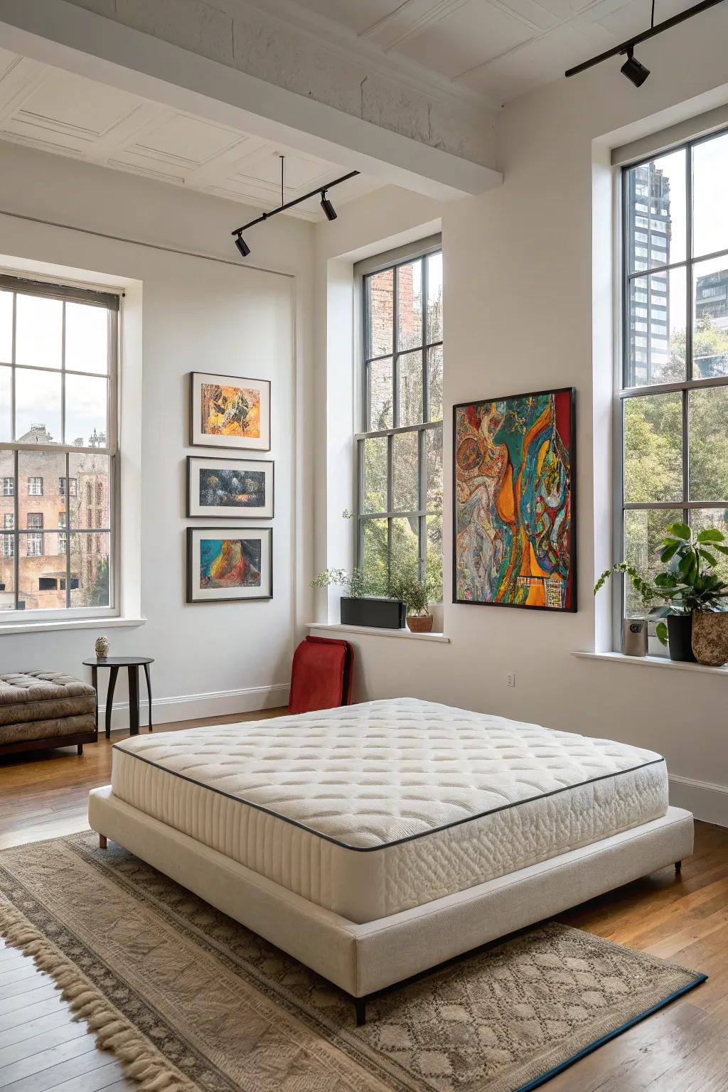 Integrate modern art with your sleeping pad setup for a stylish impression.