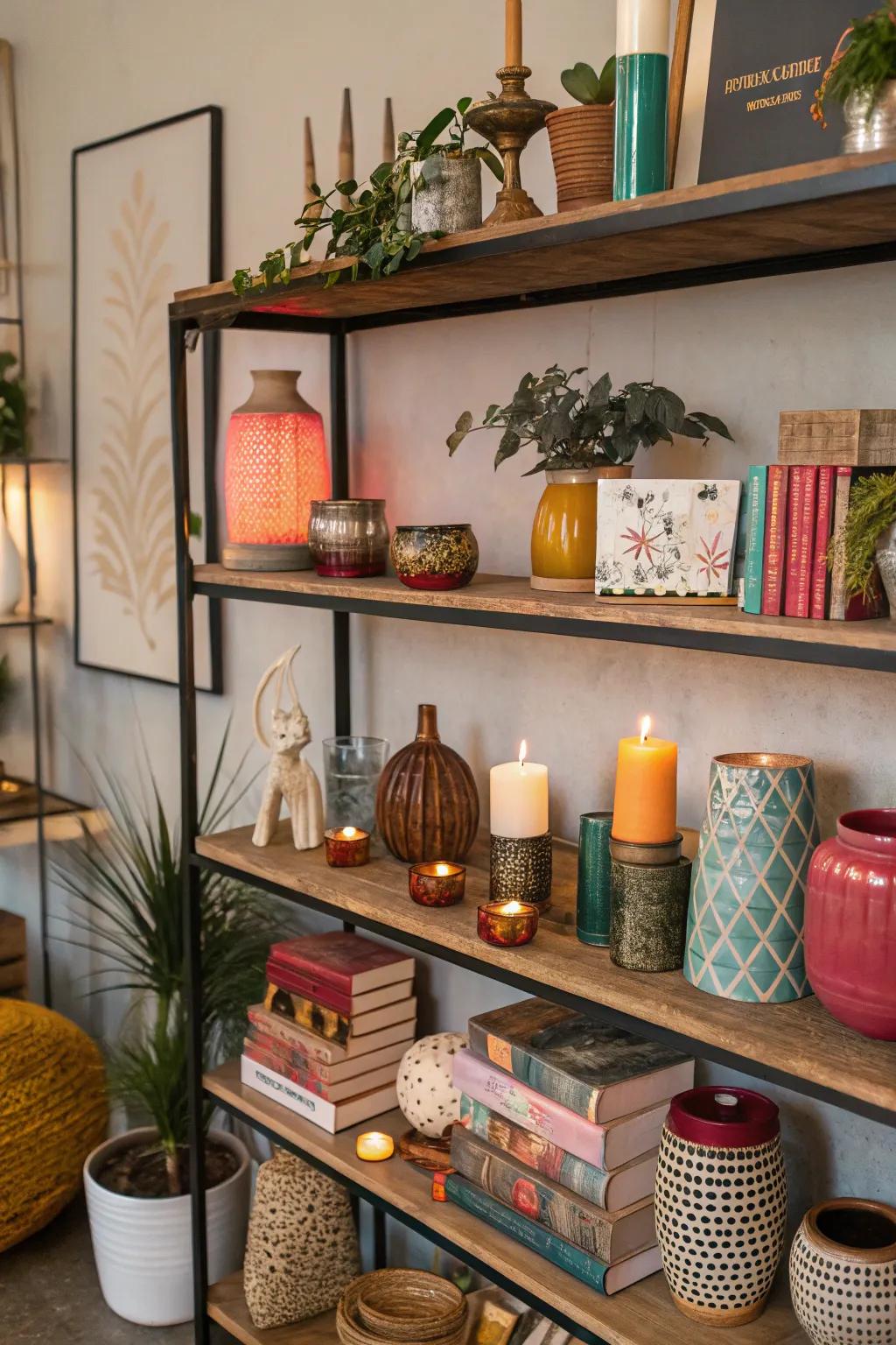 Quirky pots and sculptures introduce tiers to this maximalist area.